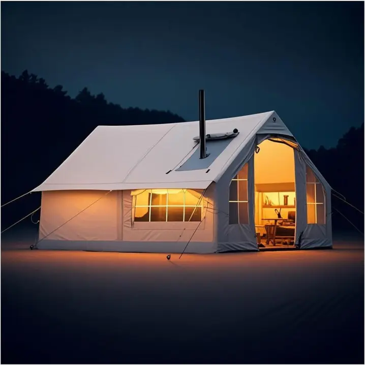 Inflatable Camping Tent with Chimney Opening, Outdoor Tent Inflatable 6-8 People with Air Pump & Skylight, Large Family Tent, 4 Seasons