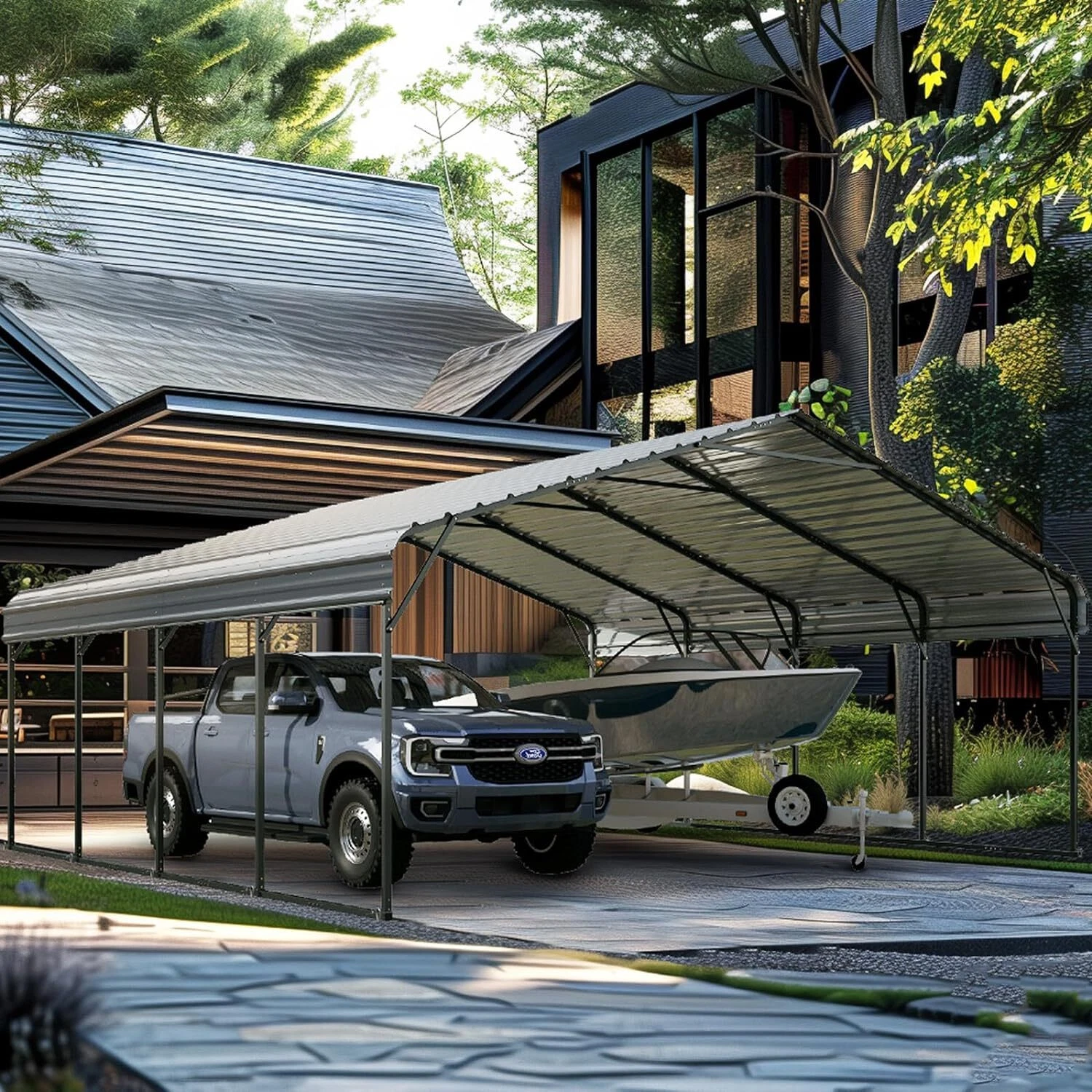 20' x 20' Outdoor Carport Metal Carport with Galvanized Steel Roof With Sidewall