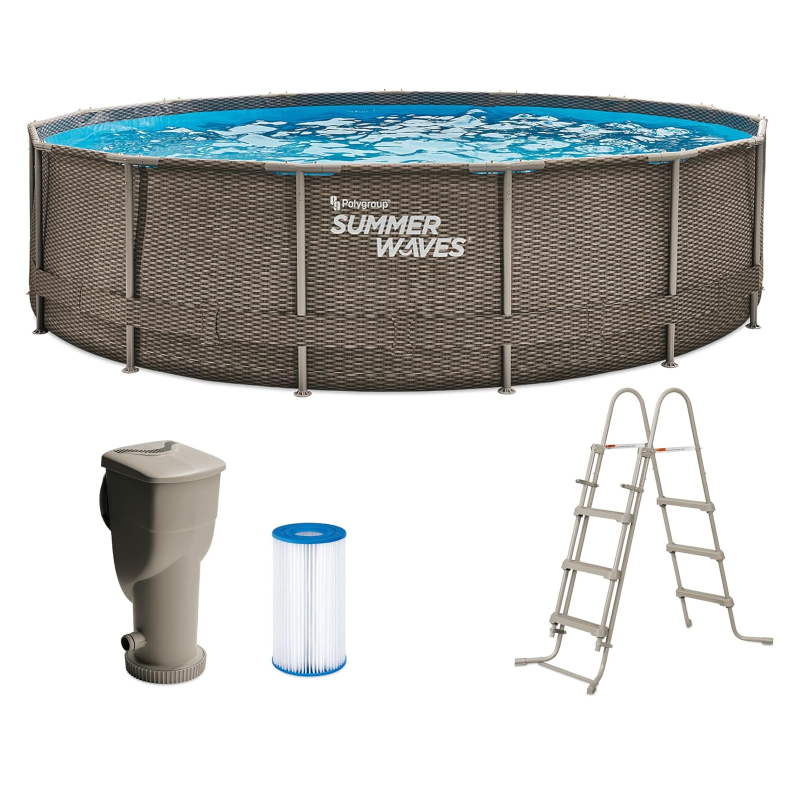 Summer Waves Frame Pool Complete Set, Round, 457 x 106 cm, Brown, Above Ground Pool Set, Garden Pool and Swimming Pool with Filter Pump