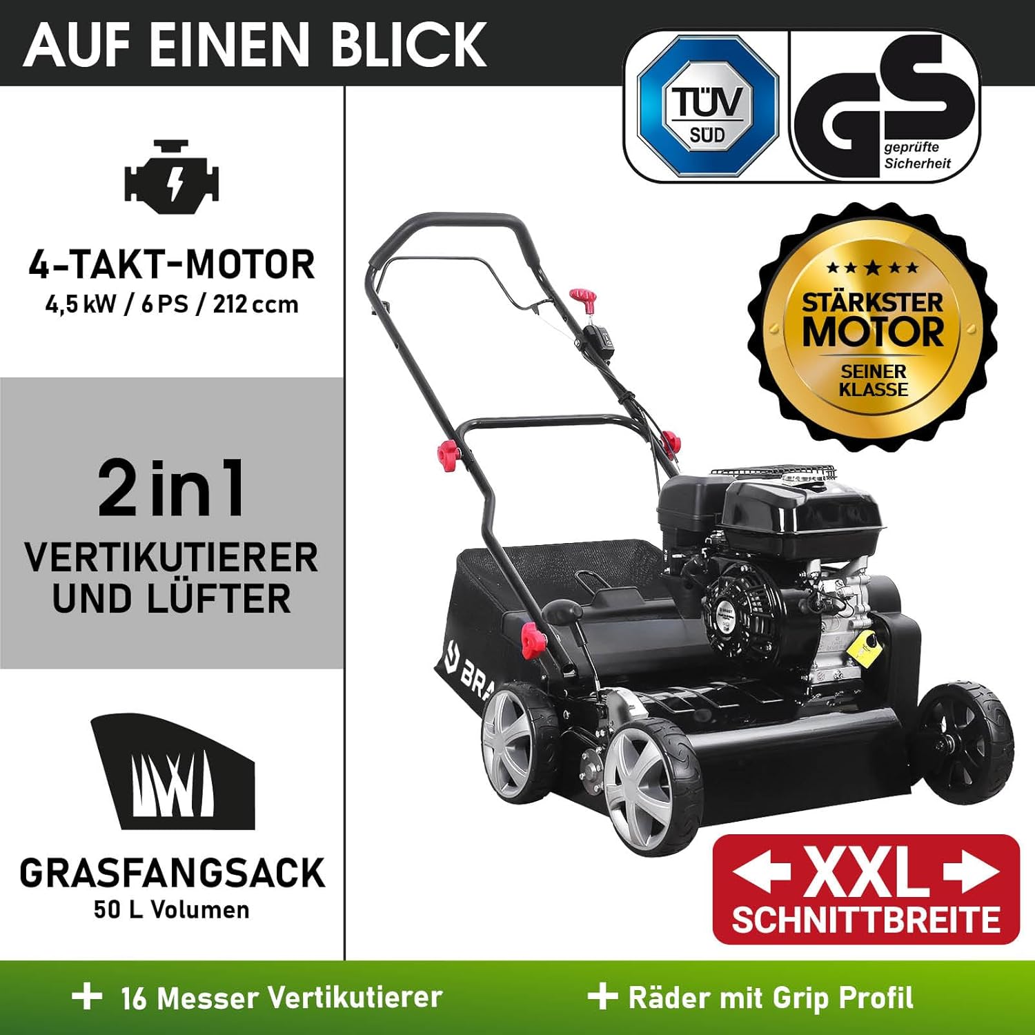 BRAST® BRB-RV-45212 Scarifier Petrol 4.5 kW (6.12 HP) 4-Stroke Engine 212 cc 40-45 cm Working Width TÜV Tested 50 L Collection Basket Many Models for Small to Very Large Lawns