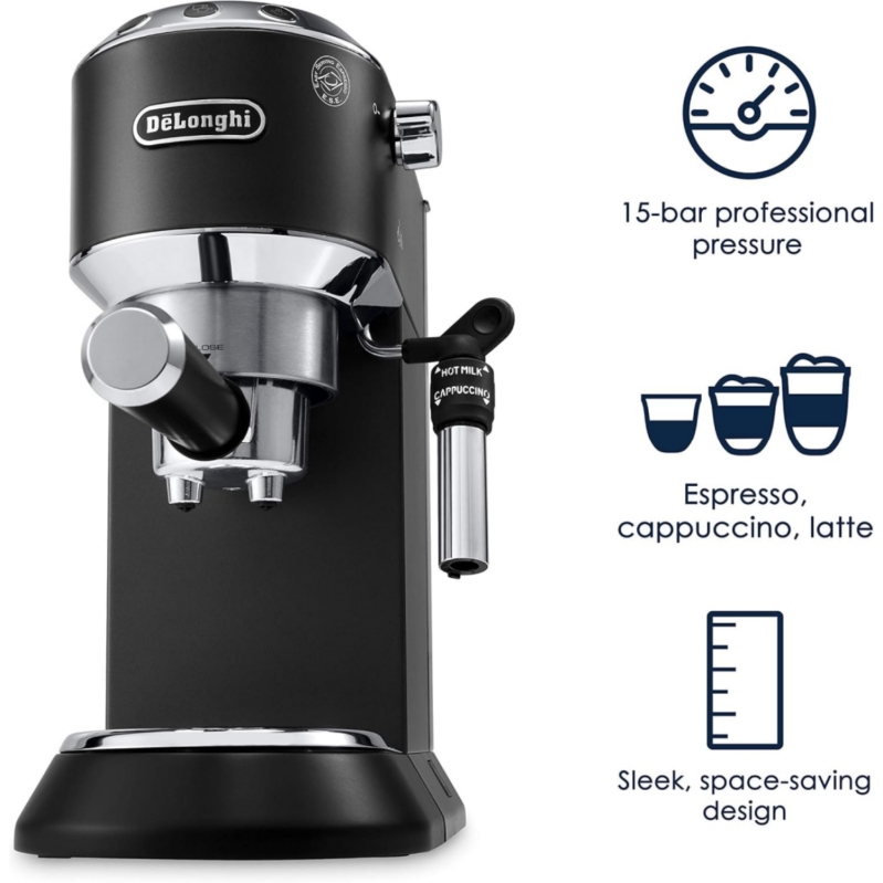 De'Longhi EC685BK Dedica DeLuxe Pump Espresso Machine with Premium Adjustable Frothing Wand, in matte black