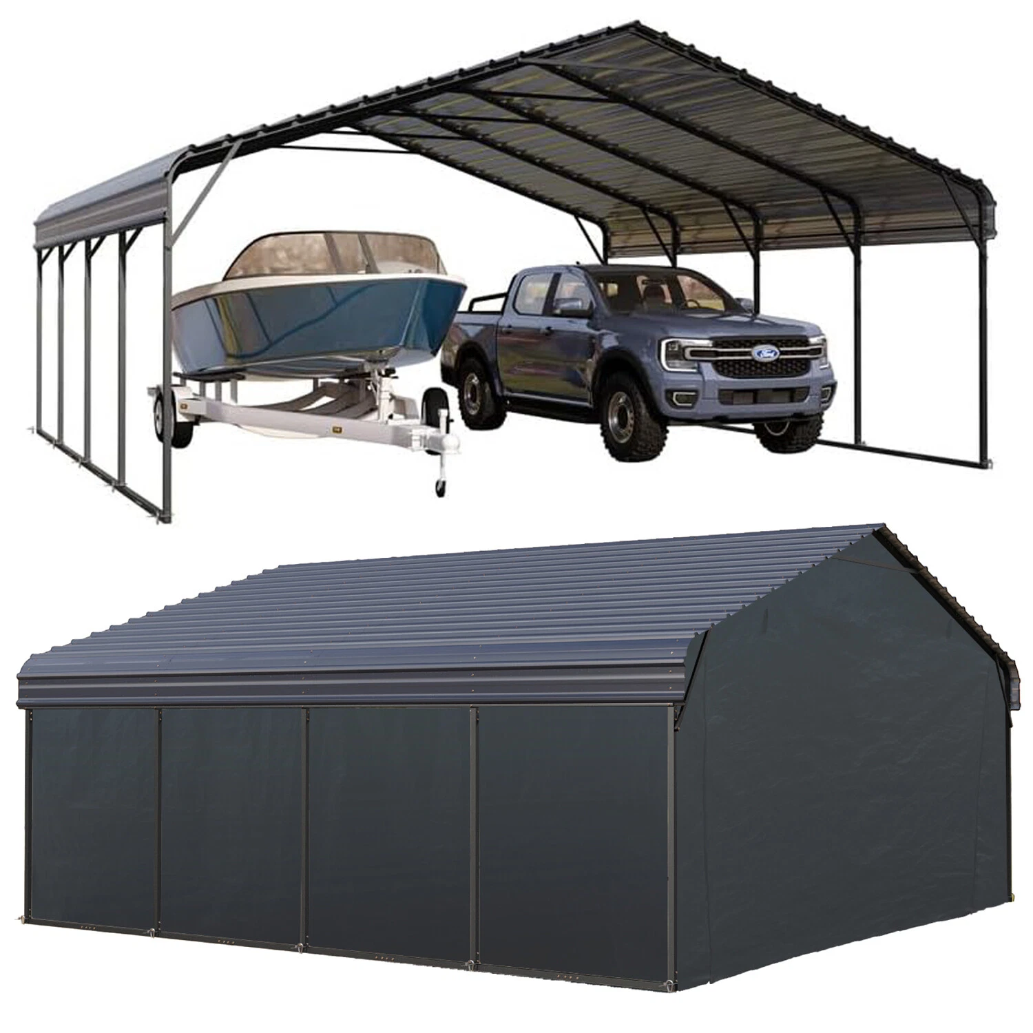 20' x 20' Outdoor Carport Metal Carport with Galvanized Steel Roof With Sidewall