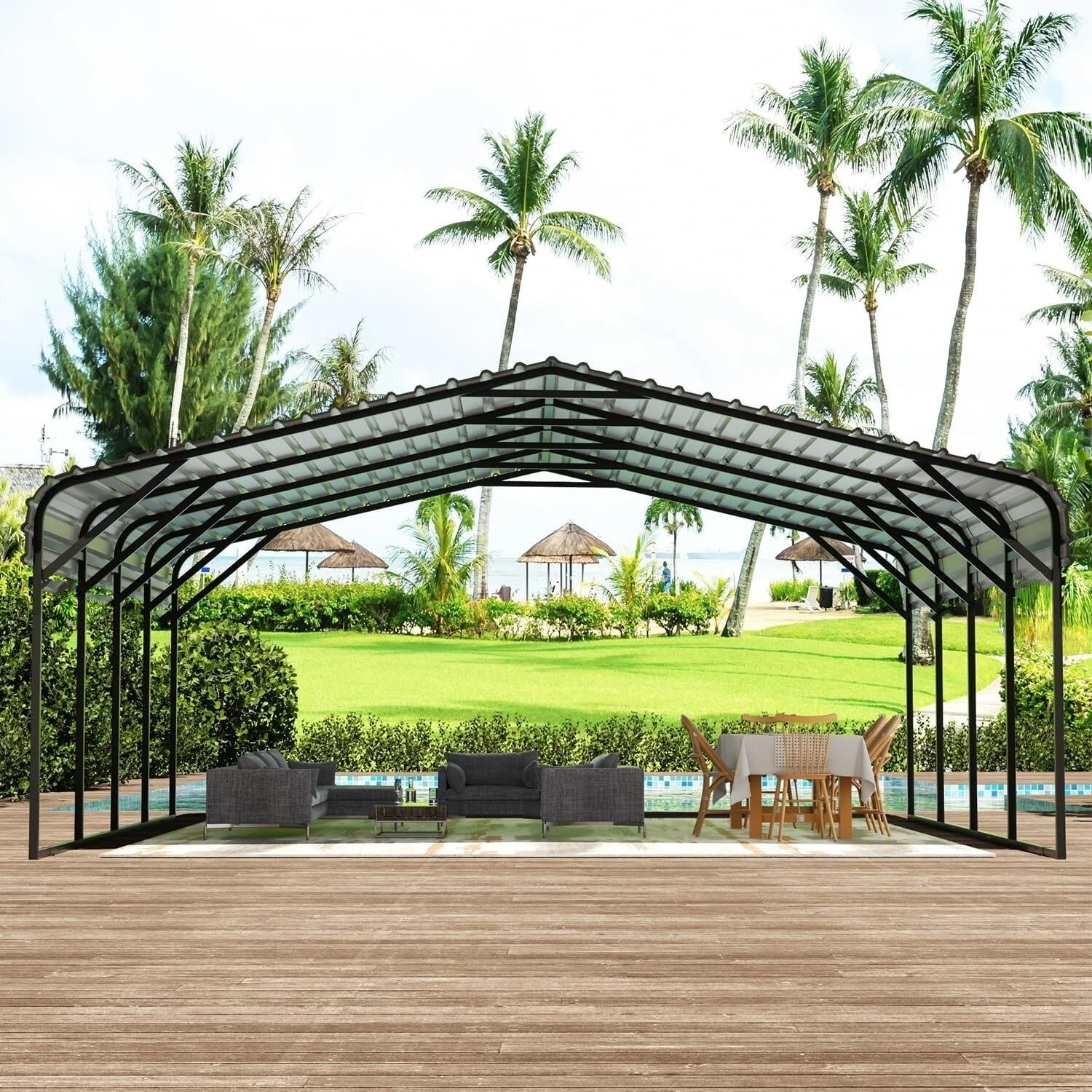 20' x 20' Outdoor Carport Metal Carport with Galvanized Steel Roof With Sidewall