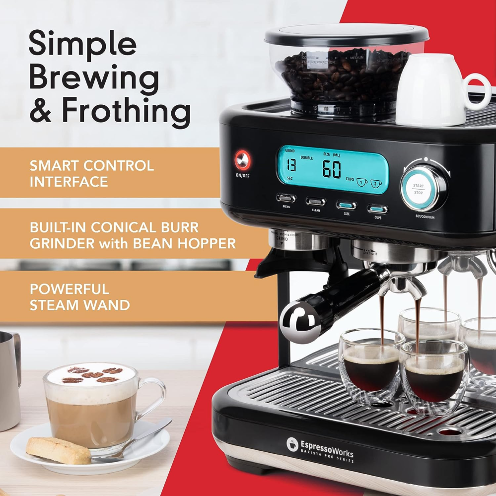 EspressoWorks Barista Pro Series Espresso Machine with Grinder, LCD Display and Steamer - Ready To Go In 60 Sec - 15-Bar Latte and Cappuccino Machine 30-Piece Bundle - Coffee Gifts