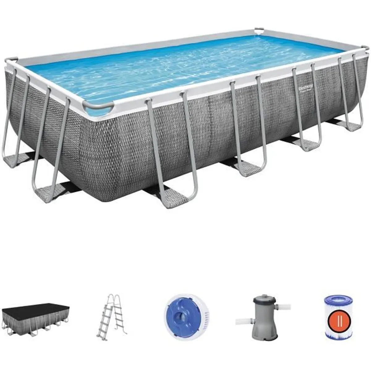 Kit Piscine hors sol tubulaire BESTWAY Power Steel™- 488 x 244 x 122 cm - Rectangulaire (Avec échelle, bâche, épurateur à cartouche)