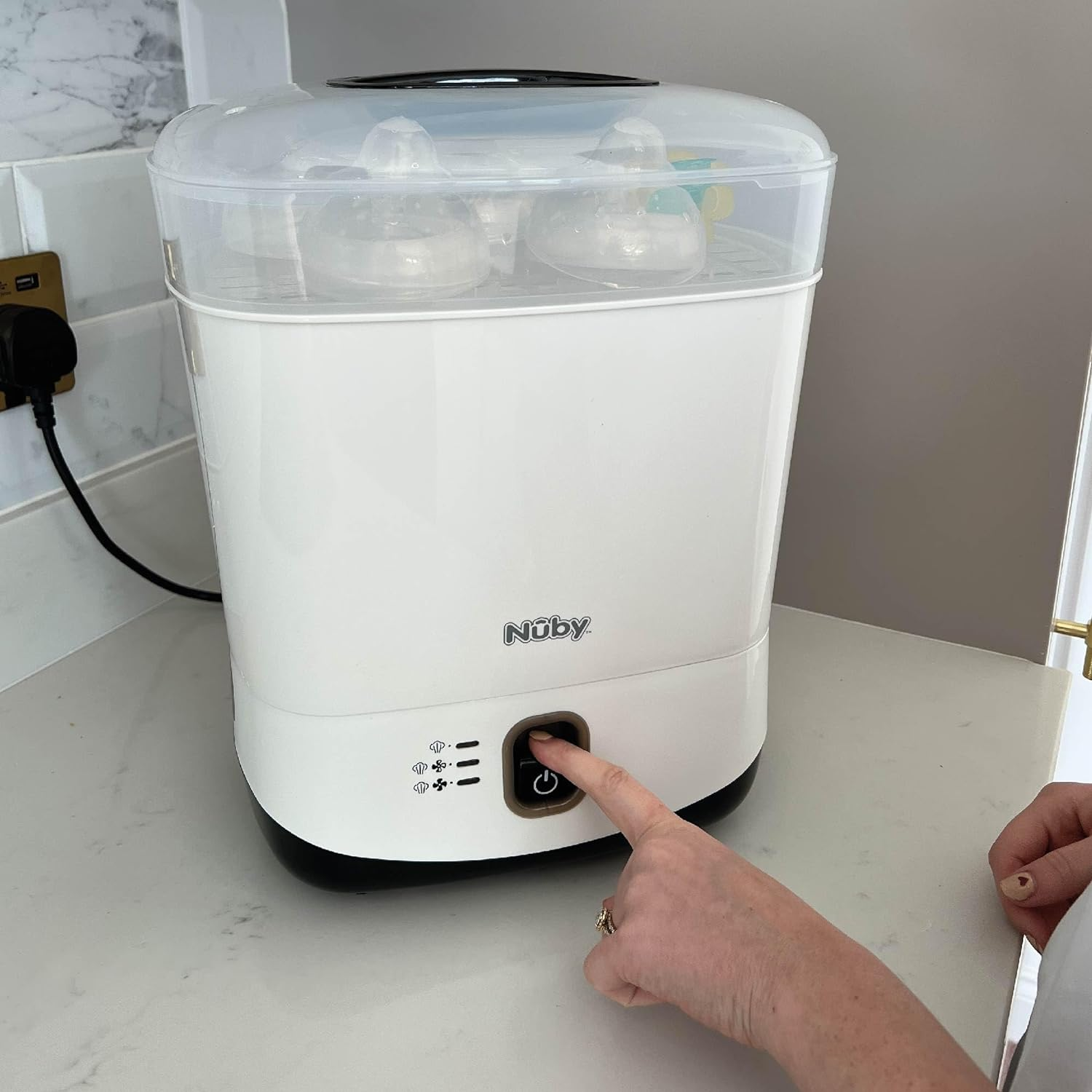 Nuby Baby Bottle Sterilizer and Dryer, White Electric Steam Sterilizer, Kills 99.9% of Germs