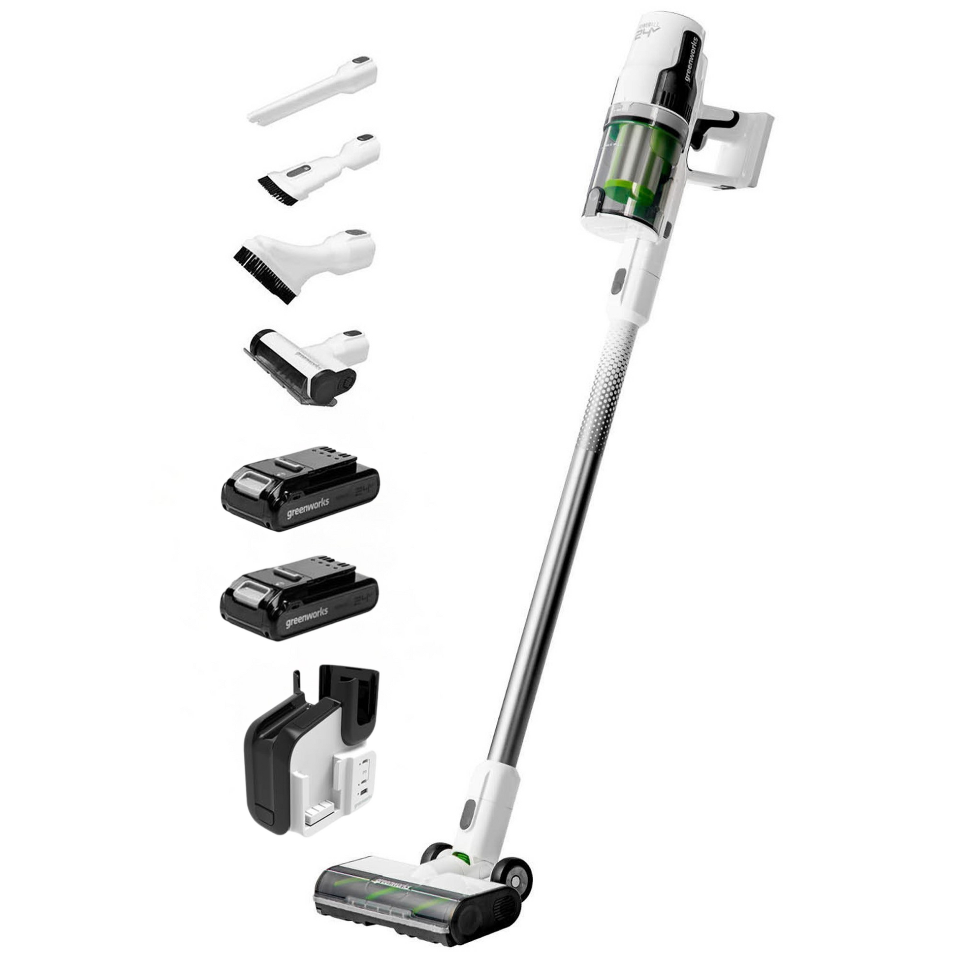 24V Cordless Battery White Deluxe Stick Vacuum w/ (2)4.0 Ah USB-C Battery & 30-Minute Super Charger