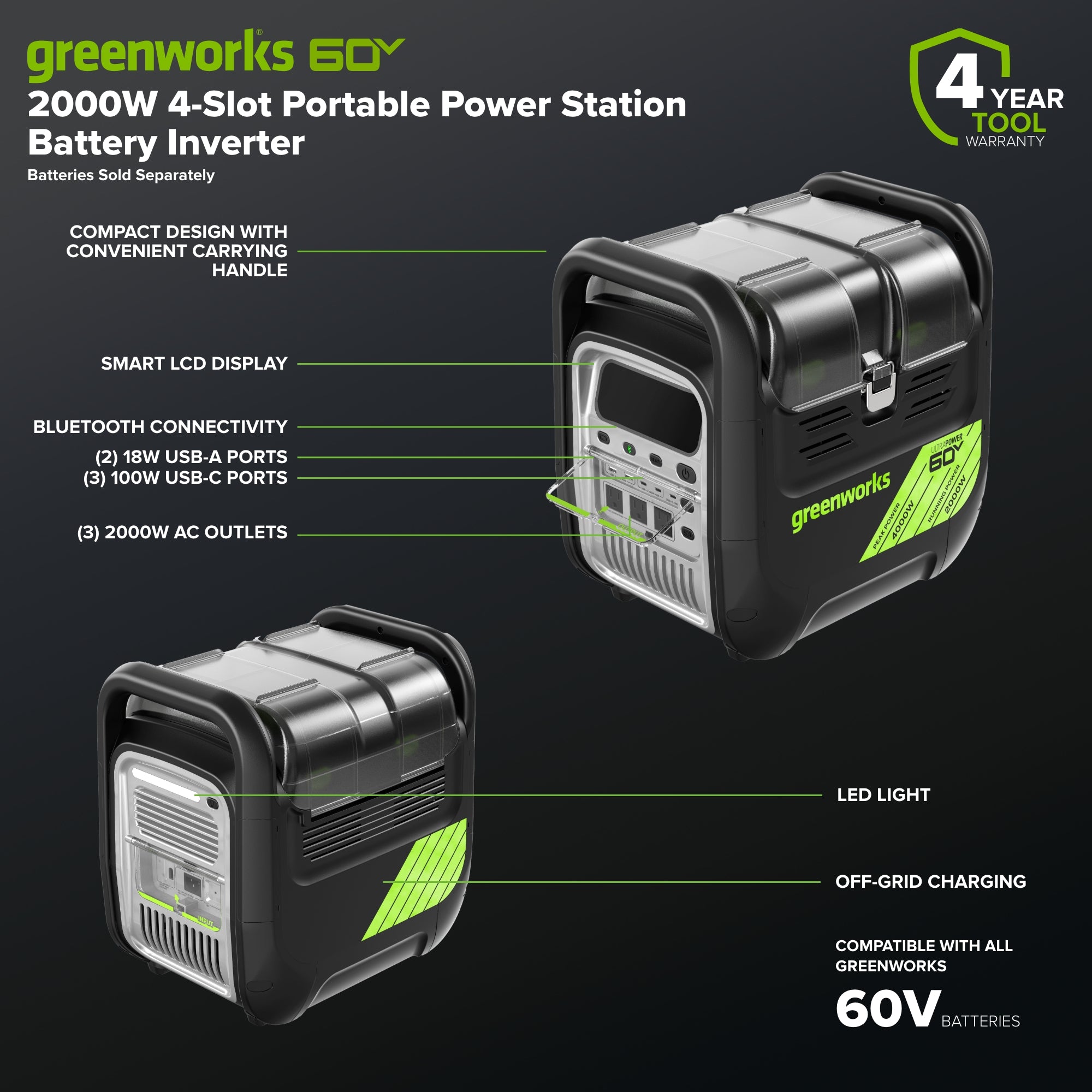 60V 2000W 4-Slot Inverter Portable Power Station (Tool Only)