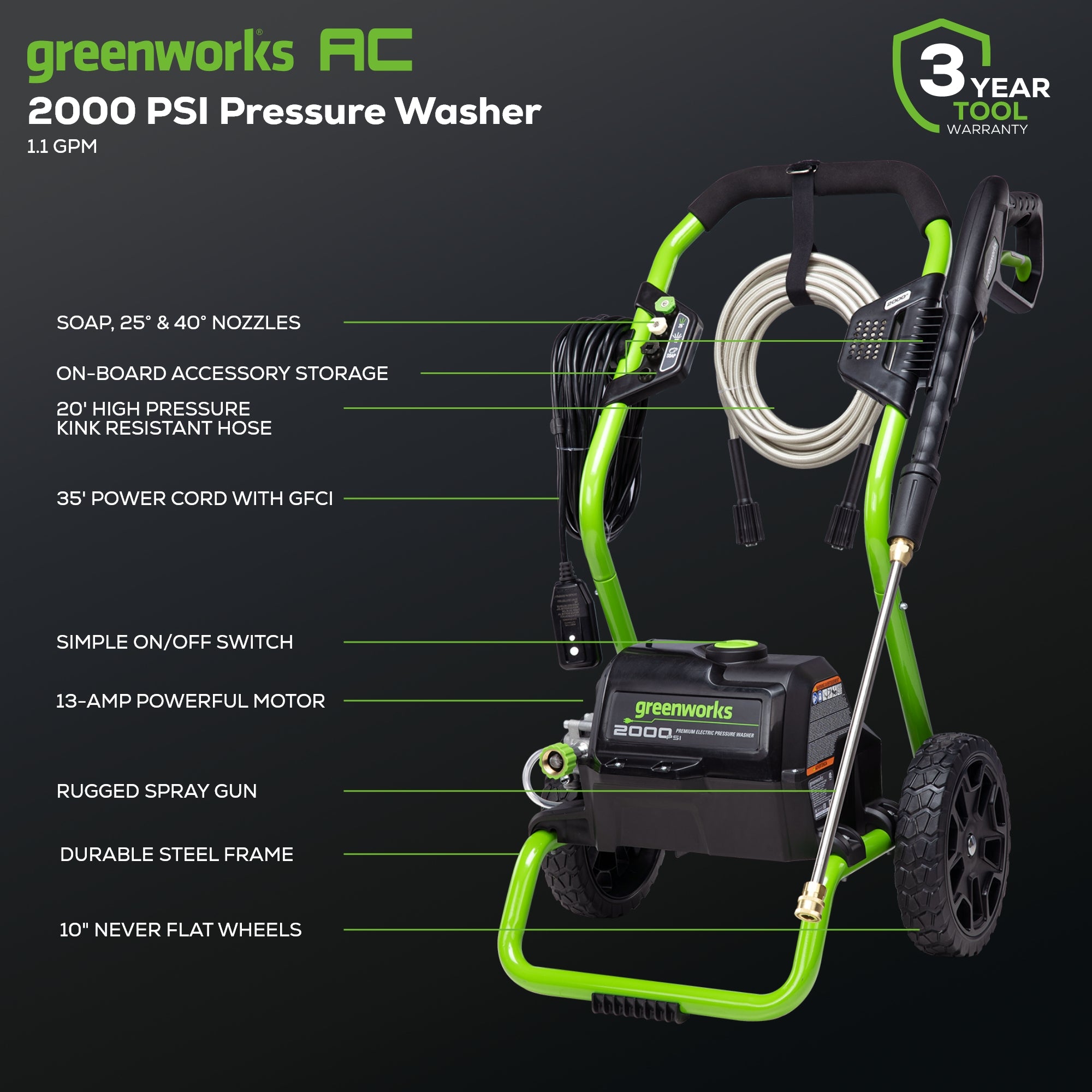 2000 PSI 1.2 GPM Cold Water Electric Pressure Washer (Green Frame)
