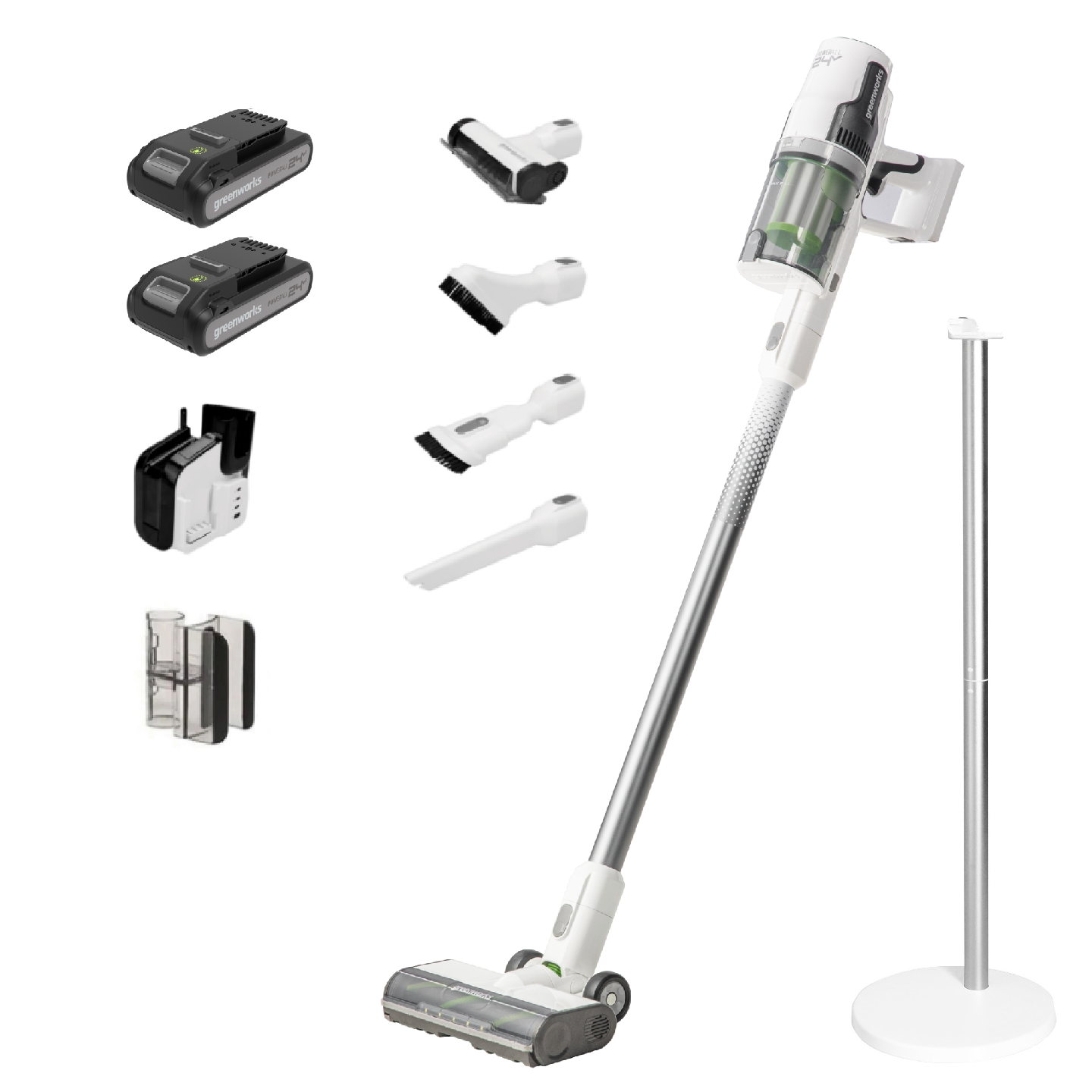 24V Cordless Battery White Deluxe Stick Vacuum w/ (2)4.0 Ah USB-C Battery & 30-Minute Super Charger