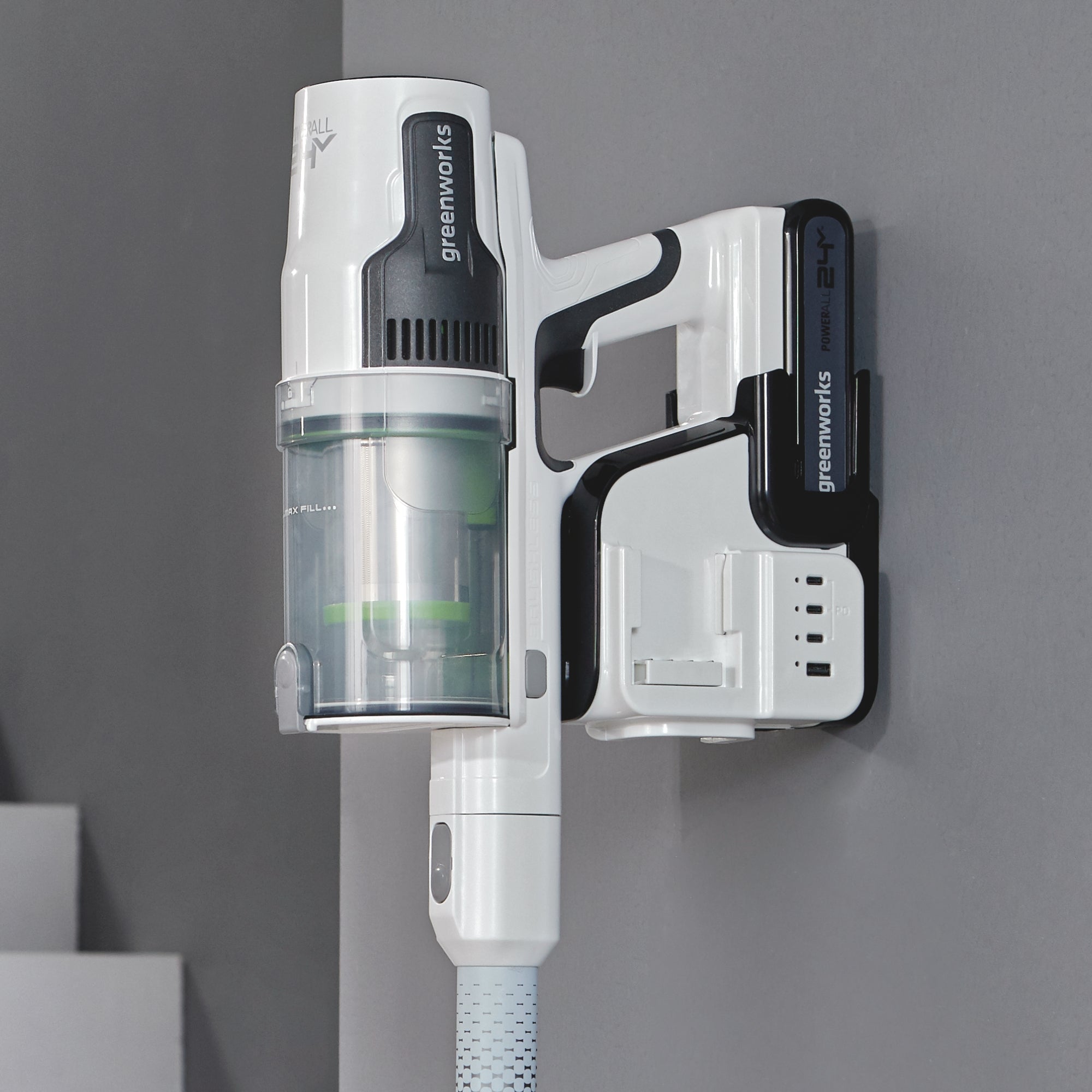 24V Cordless Battery White Stick Vacuum 3-in-1 Bundle w/ Two (2) 4.0Ah USB Batteries & Charging Stand