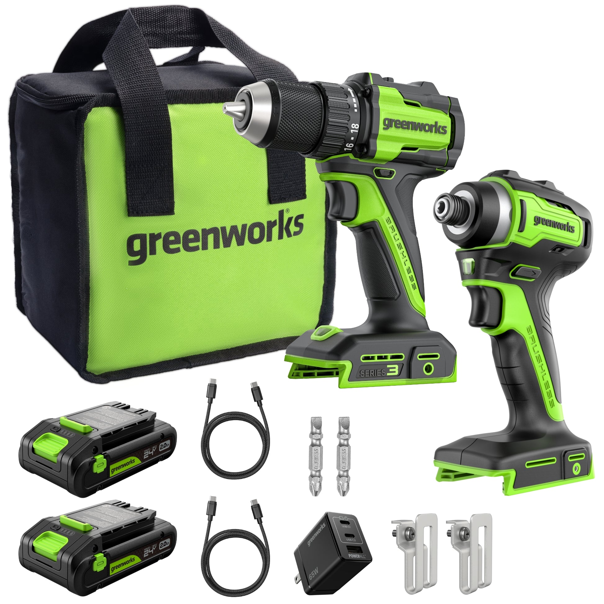 24V Cordless Battery Drill, Impact Driver & Jig Saw 3PC Combo Kit w/ (2) 2.0Ah Batteries & Charger