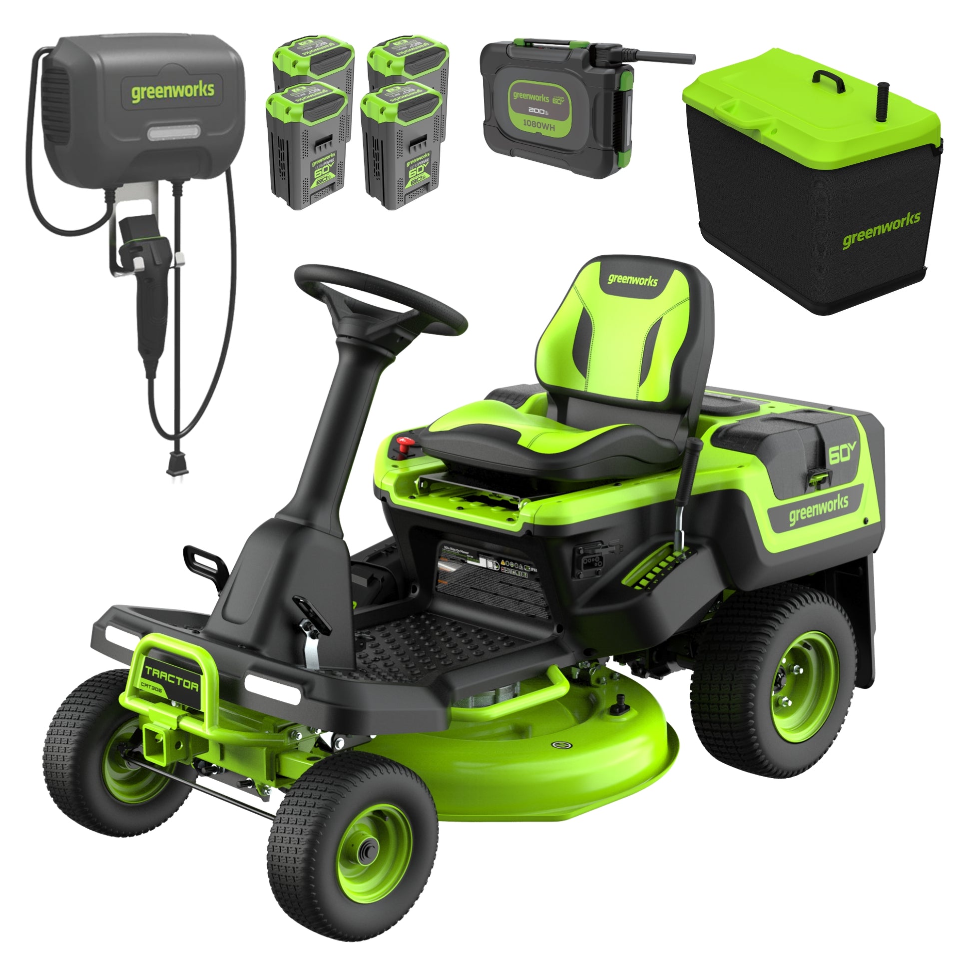 60V 30” CrossoverT Riding Lawn Tractor, Bagger Included w/ (4) 8.0Ah (1) 20.0Ah Batteries & 600-Watt Charger