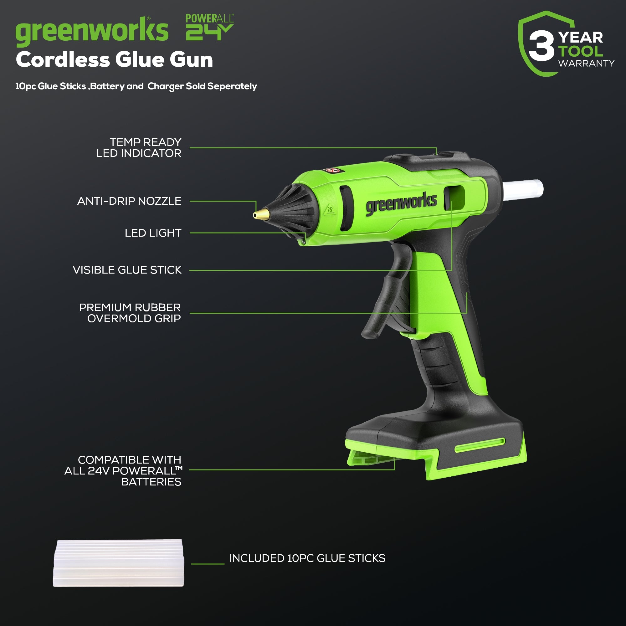 24V Cordless Battery Heat Glue Gun (Tool Only)