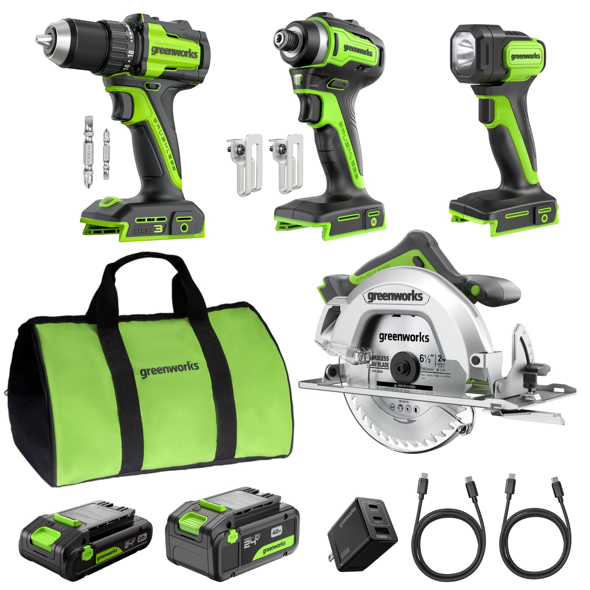 24V Brushless Power Tool 5PC Combo Kit w/ (1) 4.0Ah & (1) 2.0Ah USB-C Batteries and Charger