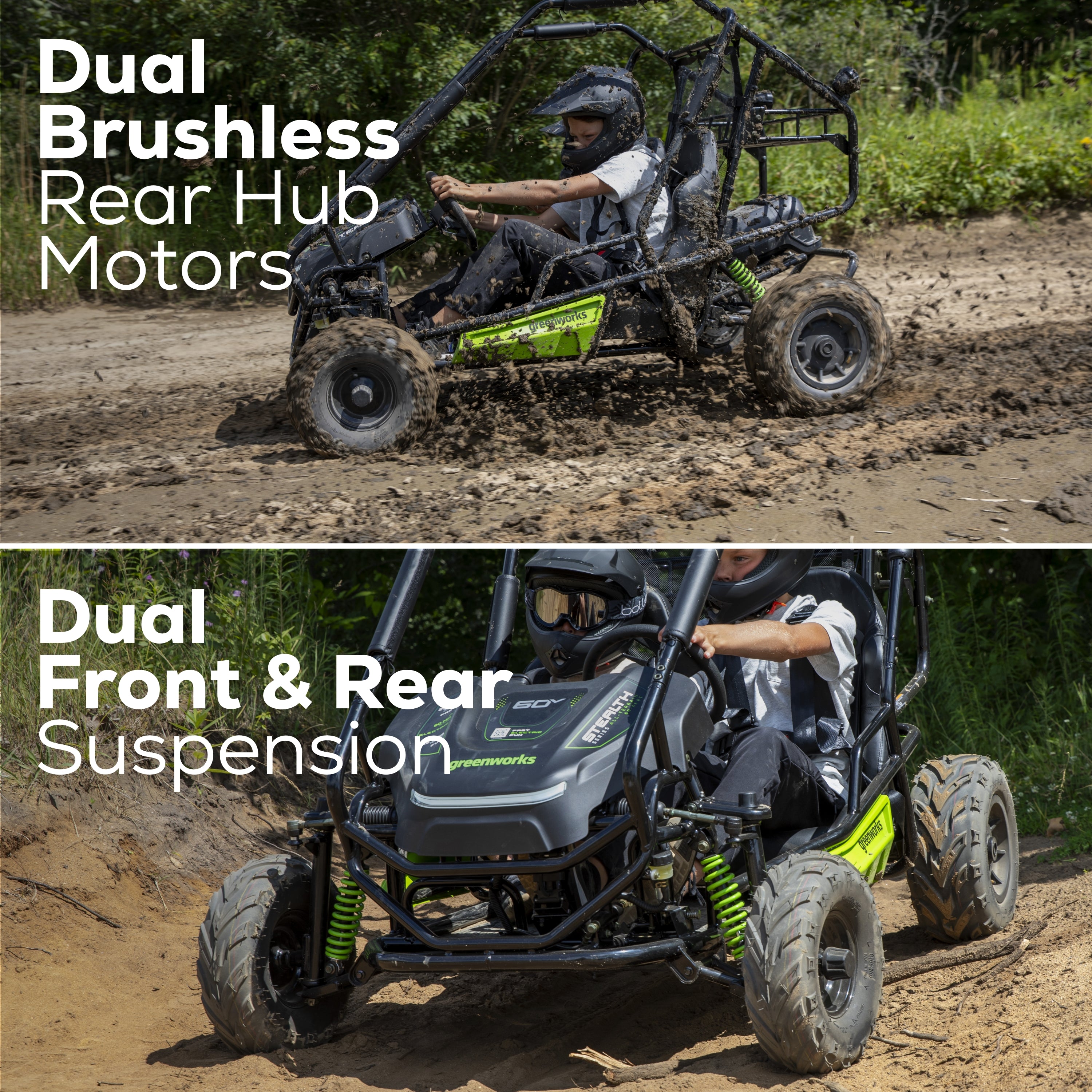 60V Gen 2 STEALTH Series All-Terrain 2-Seat Electric Youth Go-Kart w/ (2) 8Ah Batteries and Dual Port Charger