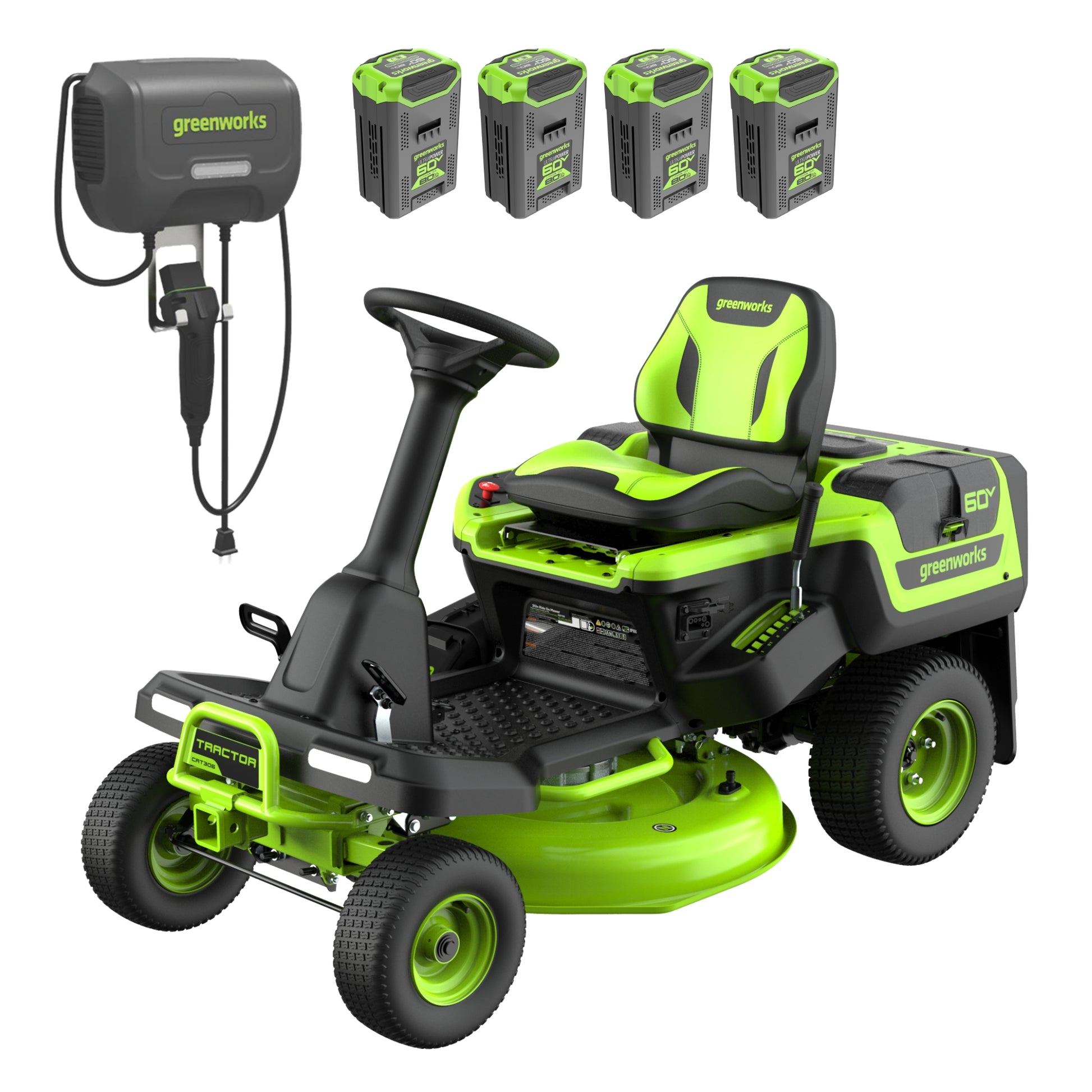 60V 30” CrossoverT Riding Lawn Tractor, Bagger Included w/ (4) 8.0Ah (1) 20.0Ah Batteries & 600-Watt Charger