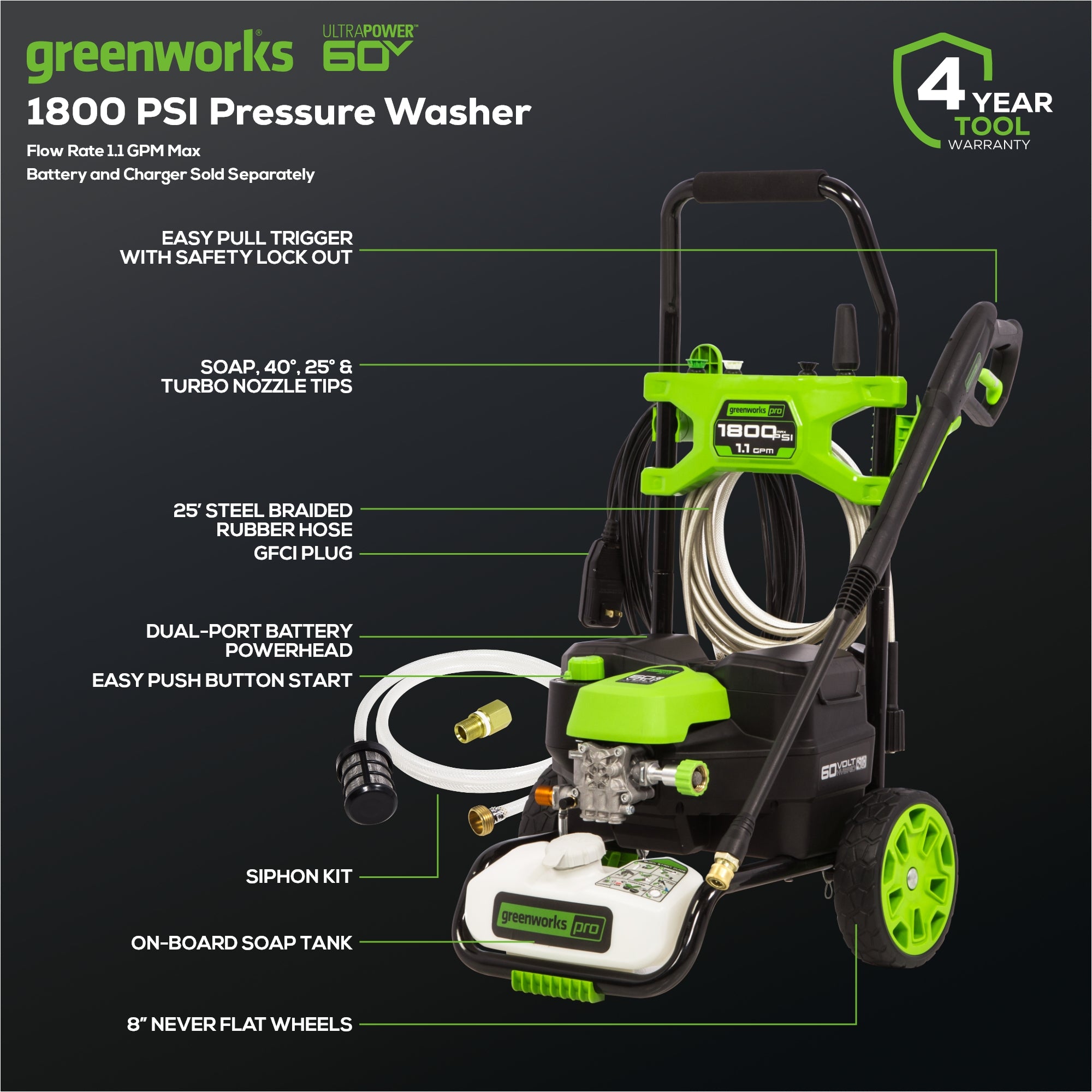 RENEWED 60V Hybrid 1800 PSI 1.1 GPM Cold Water Pressure Washer (Tool Only)