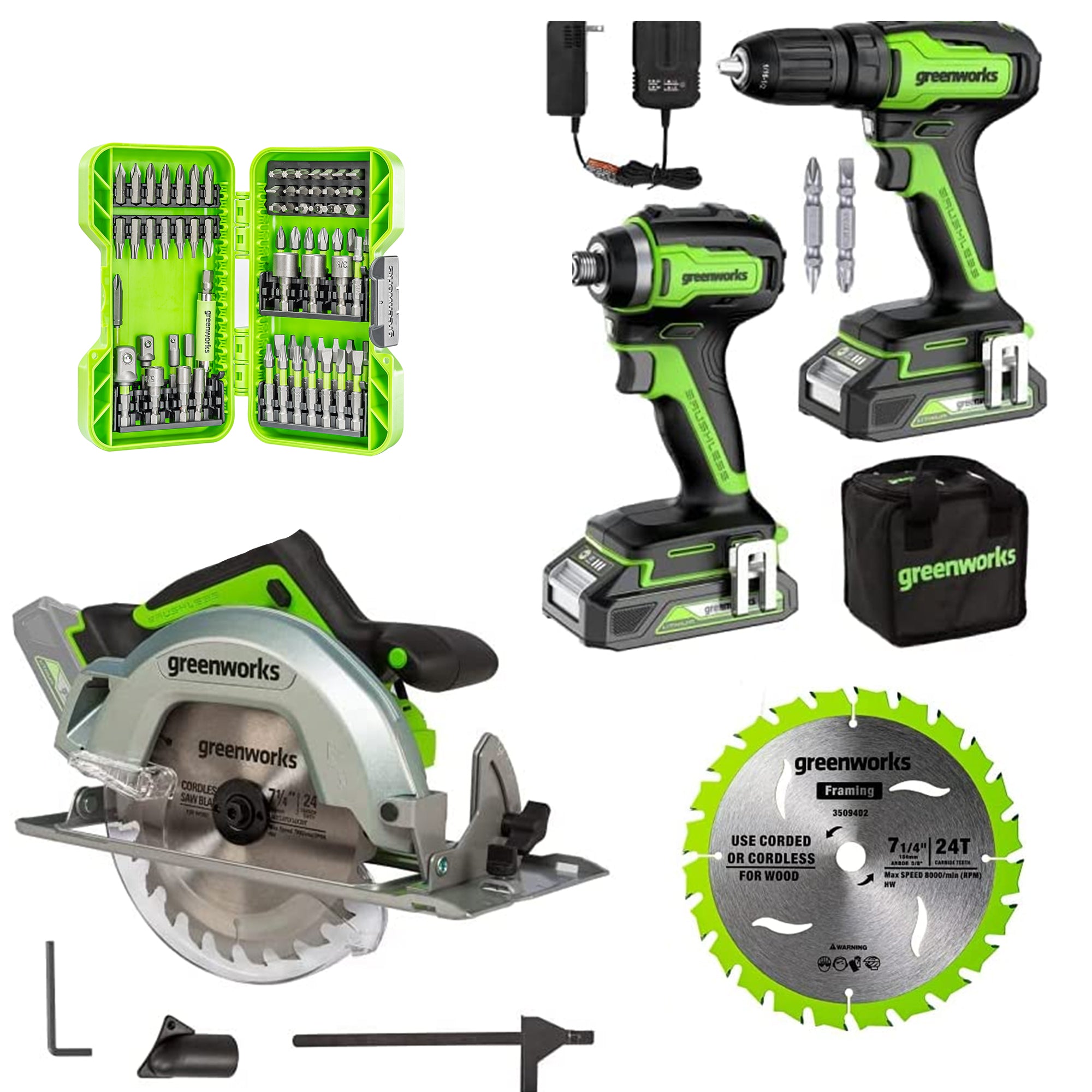 24V Cordless Battery Drill/Driver and Impact Driver and Circ. Saw and 70pc IR Bit Set + 3pc Blades Combo Kit w/ Two (2) 2.0Ah Batteries and 4.0Ah Battery & Charger