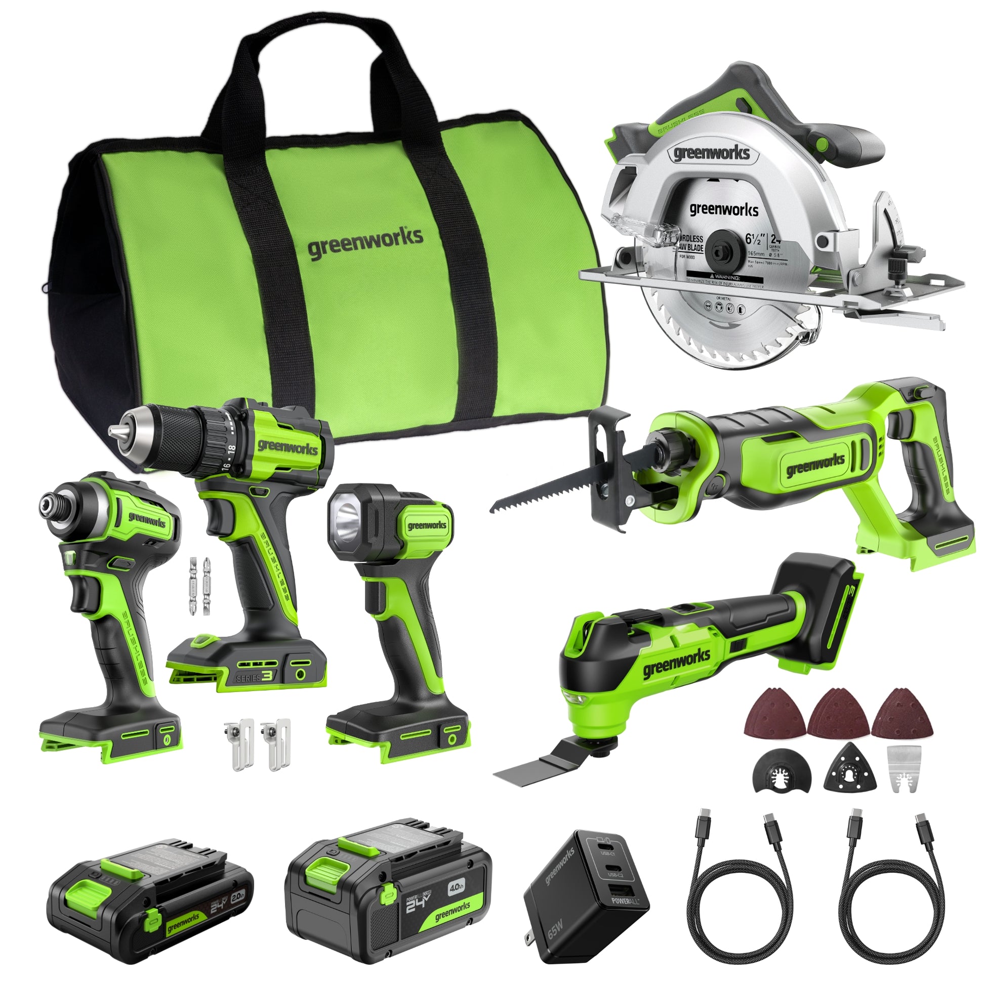 24V Brushless Power Tool 5PC Combo Kit w/ (1) 4.0Ah & (1) 2.0Ah USB-C Batteries and Charger