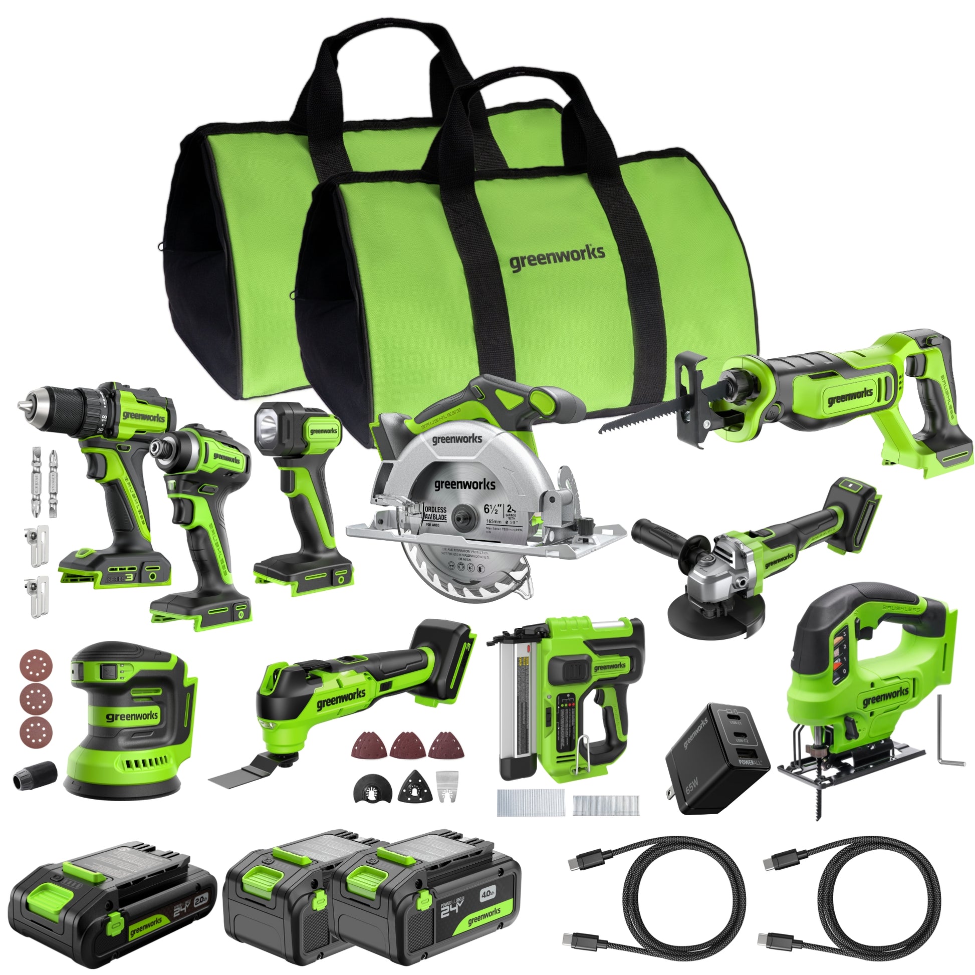 24V Brushless Power Tool 5PC Combo Kit w/ (1) 4.0Ah & (1) 2.0Ah USB-C Batteries and Charger