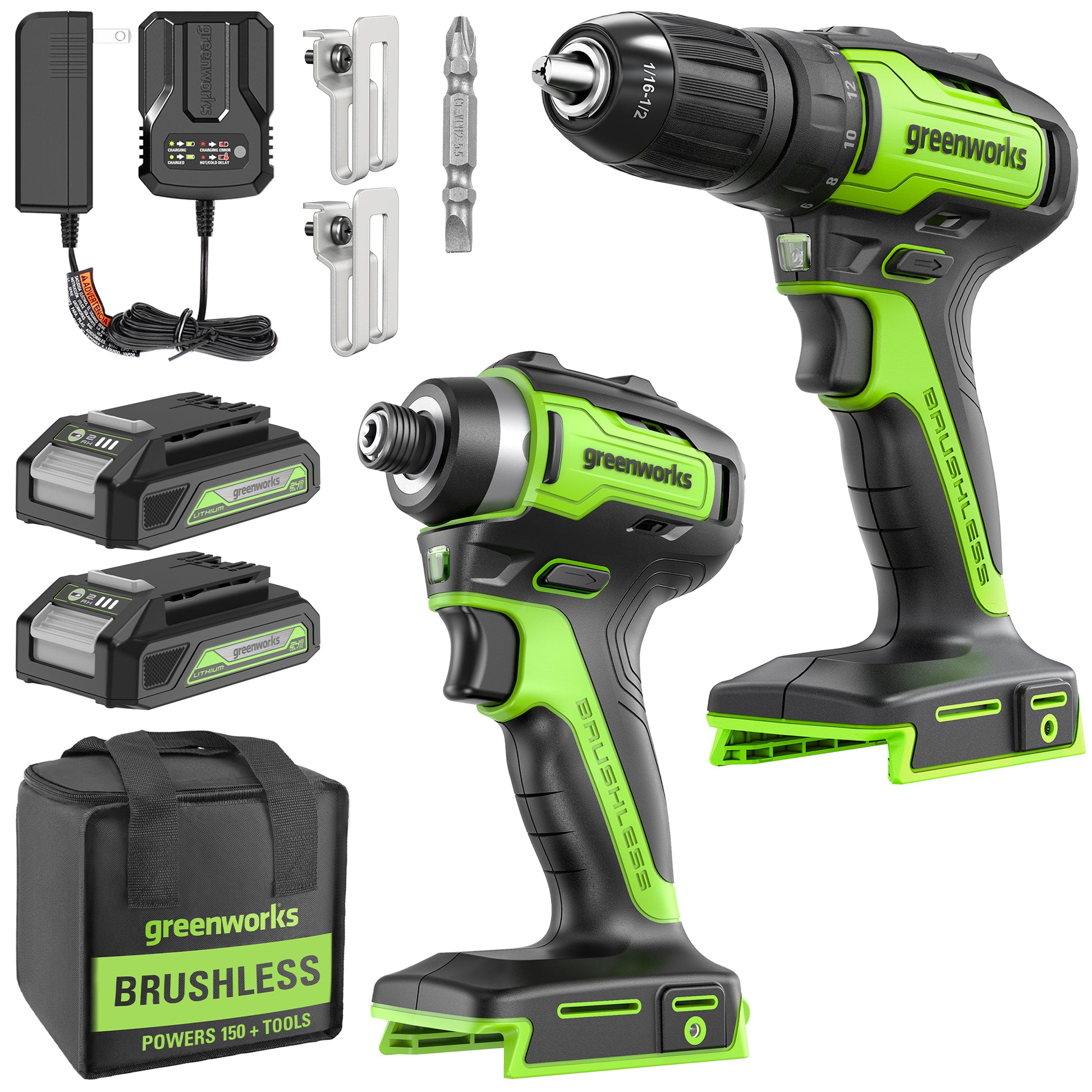 24V Cordless Battery Drill / Driver and Impact Driver Kit w/ Two (2) 2.0Ah Batteries & Charger