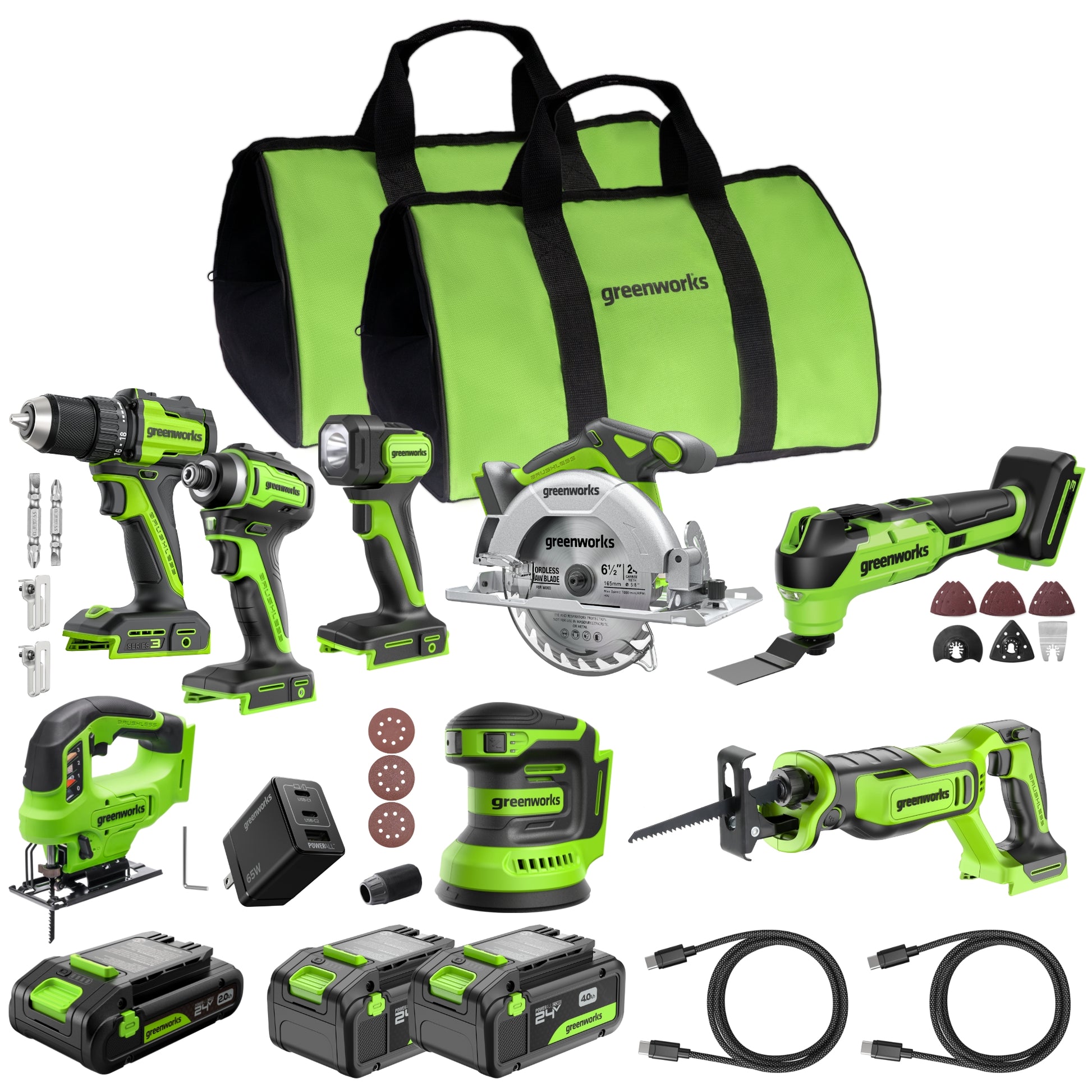 24V Brushless Power Tool 5PC Combo Kit w/ (1) 4.0Ah & (1) 2.0Ah USB-C Batteries and Charger
