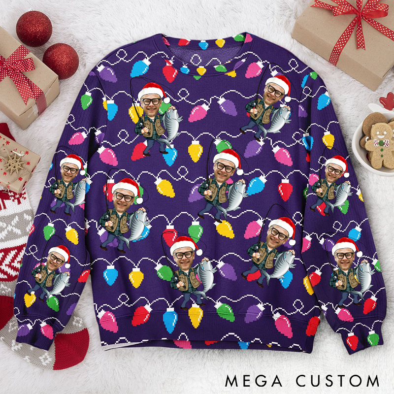 Personalized Fishing Ugly Sweater Custom Face Sweater with Festive Design Ideal Gift for Fishing Enthusiasts