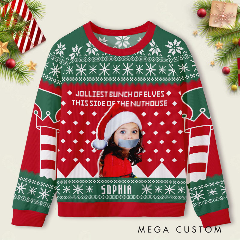 Personalized Cheerful Elf Squad Custom Photo and Name Festive Holiday Spirit Ugly Sweater Shirt