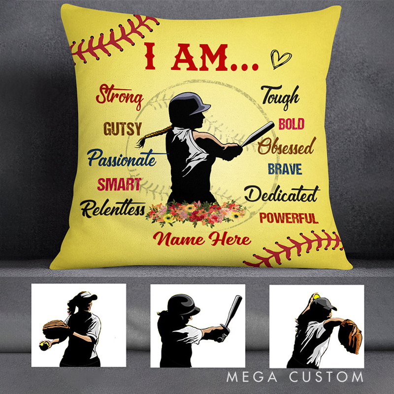 Personalized Softball Pillow with Inspiring Words and Custom Name