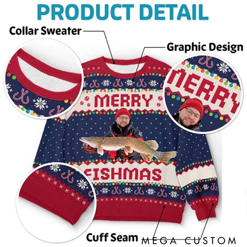 Personalized Merry Fishmas Sweatshirt Photo Fisherman Ugly Sweatshirt Funny Christmas Jumpers Photo Gift For Fishing Lover