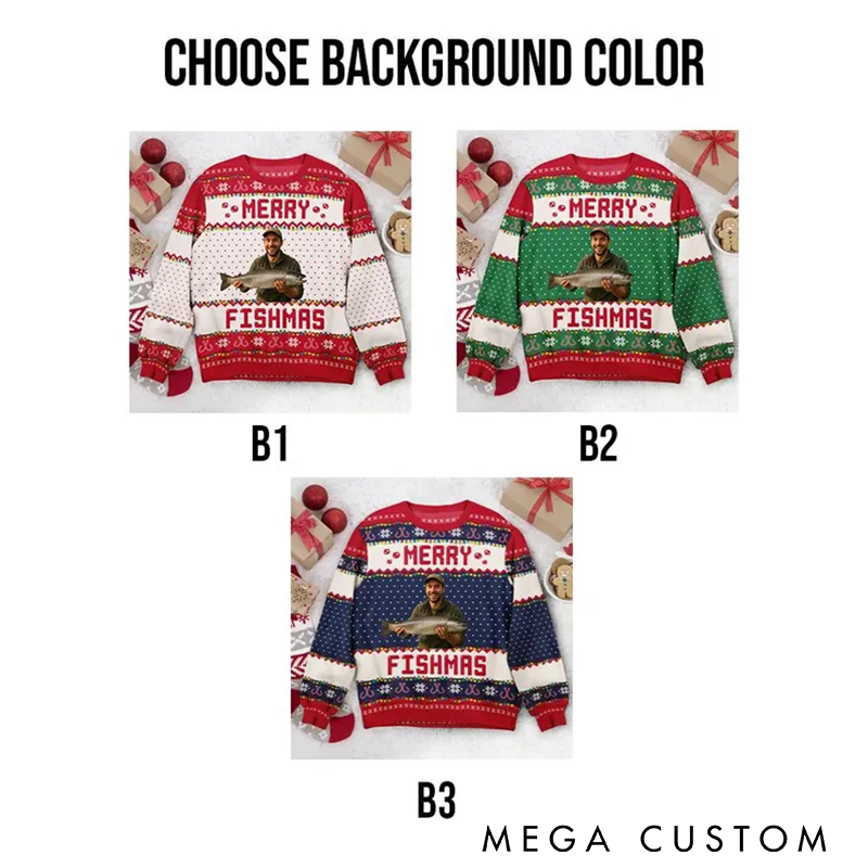 Personalized Merry Fishmas Sweater Ugly Christmas Sweater Custom Your Photo Fun Christmas Gift for Fishing Lovers Holiday Party