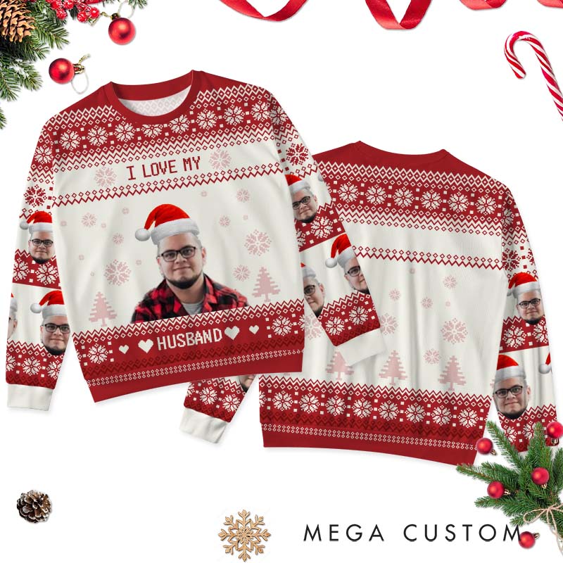 Personalized I Love My Wife Husband Christmas Sweaters Couple Photo Ugly Sweater Husband Wife Xmas Sweater with Photo