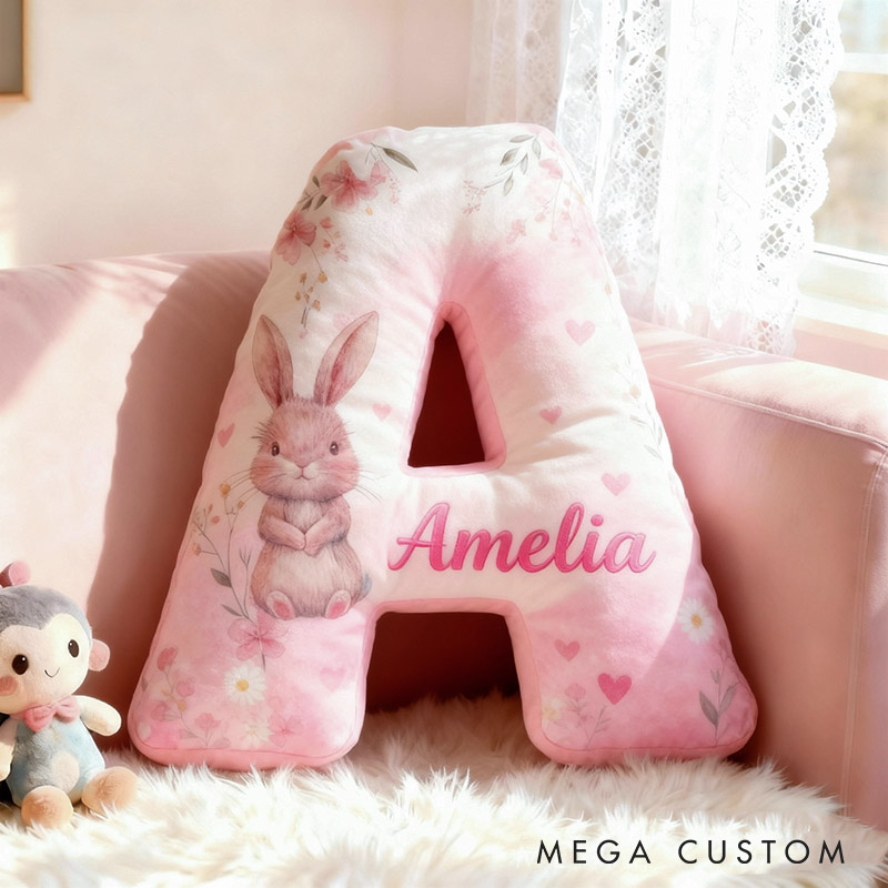 Personalized Flower Girl Pink Floral Rabbit Heart 26 Letter Pillow Custom Couple Name Cushion Wedding Gift for Girl Christmas Gift for Girlfriend Wife