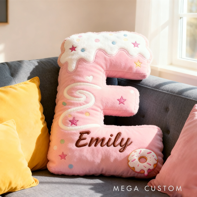 Personalized Cute Pink Donuts Initial Name Pillow Christmas Gift for Kids