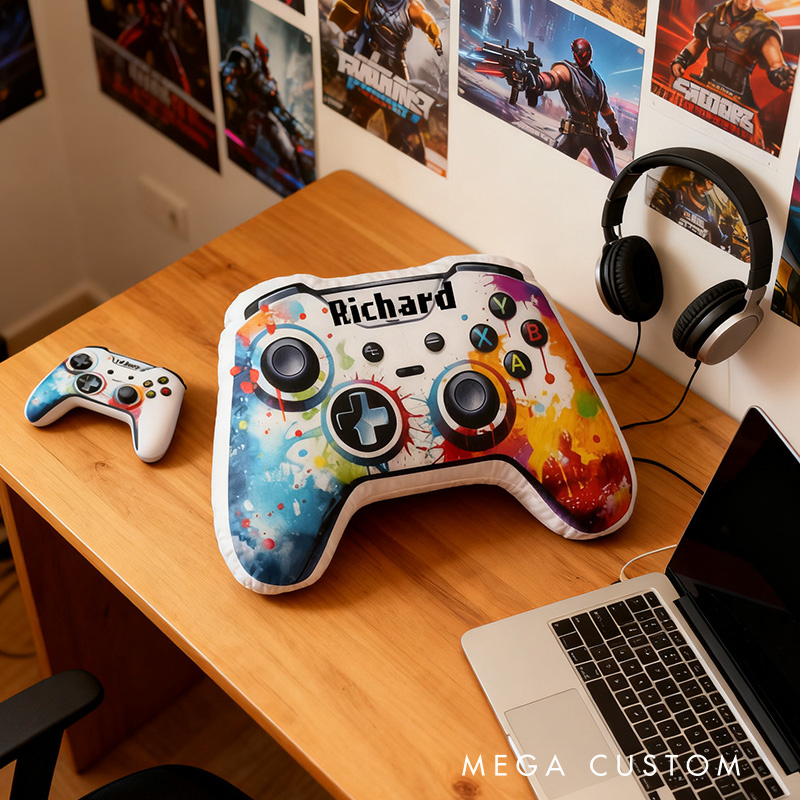 Personalized Graphic 3D Print Ink Style Game Controller Shaped Pillow for Game Lovers Plush Pillow Christmas Gift for Kids