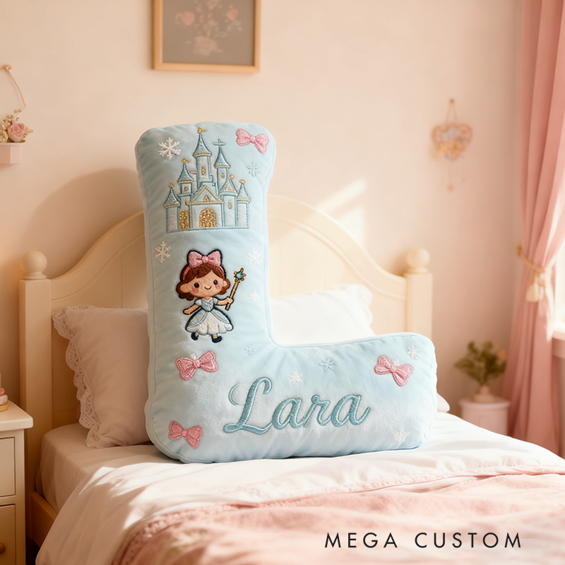Personalized Light Blue Letter Christmas Gift Pillow with Castle Bow Accents and Fairy Princess Design for a Magical and Whimsical Touch 3D Print Pillow