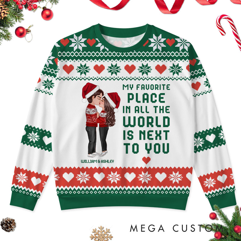 Personalized Christmas Hugging Kissing Couple Ugly Sweater Faux Knitting Ugly Sweater Xmas Gift for Him Her Couple Christmas Ugly Sweater