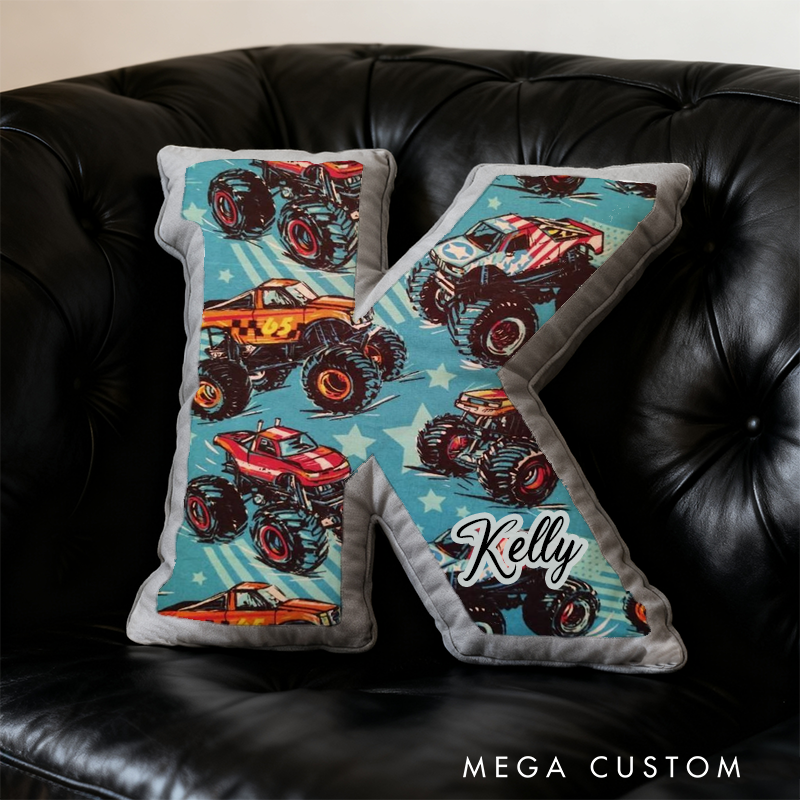 Personalized Monster Truck Initial Pillow with Custom Name Gift for Truck Enthusiasts