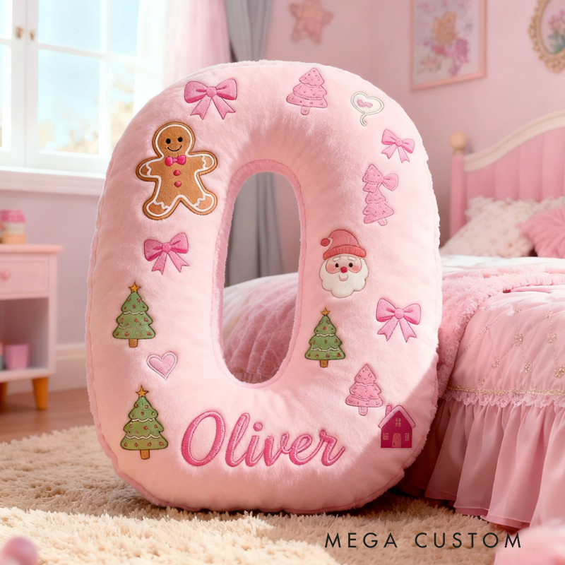 Personalized Cartoon Pink Christmas Initials with Name Graphic 3D Print Pillow Christmas Gift for Kids
