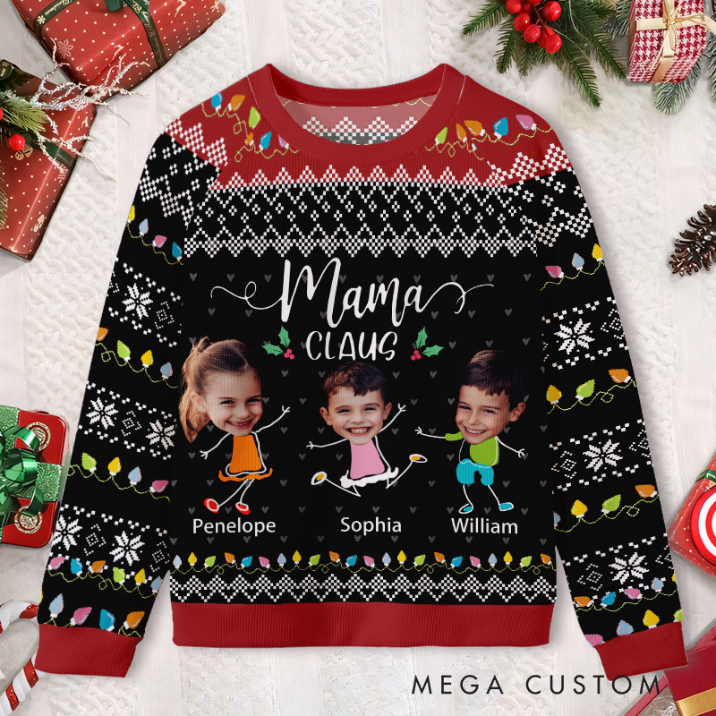 Personalized Mama Claus with Custom Kids Photos Festive Holiday Joy Ugly Sweater Shirt