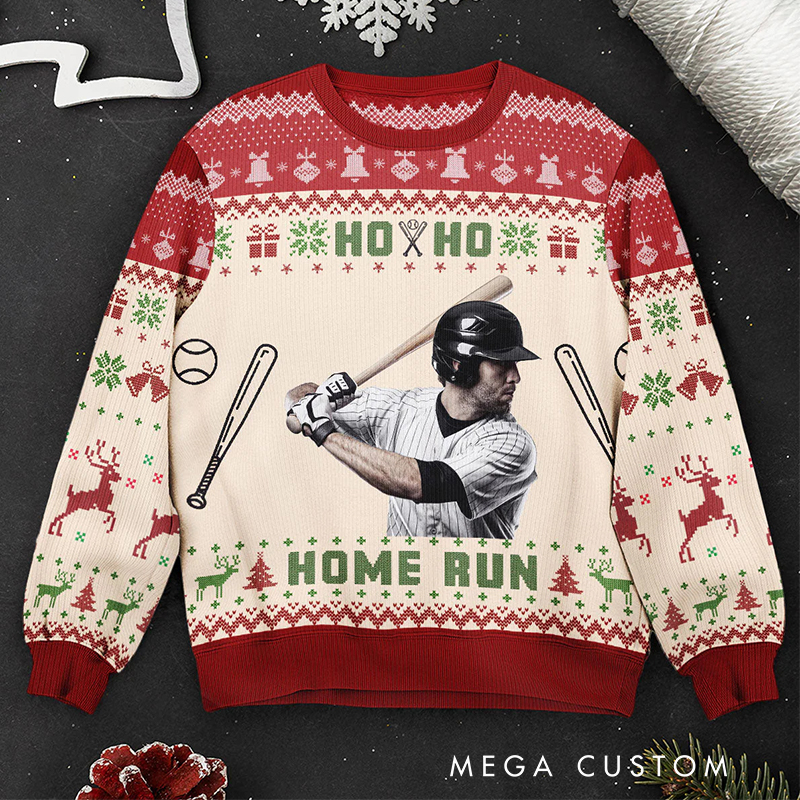 Personalized Baseball Ho Ho Home Run Ugly Sweatshirt with Custom Photo