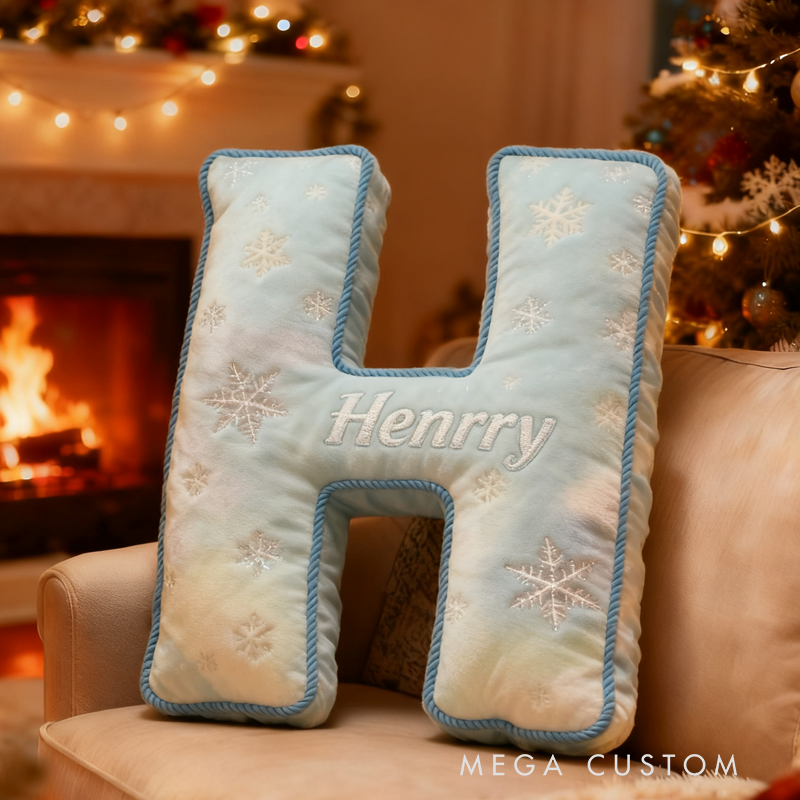 Personalized Blue Snowflakes Initial Graphic 3D Print Pillow with Name Christmas Gift for Kids