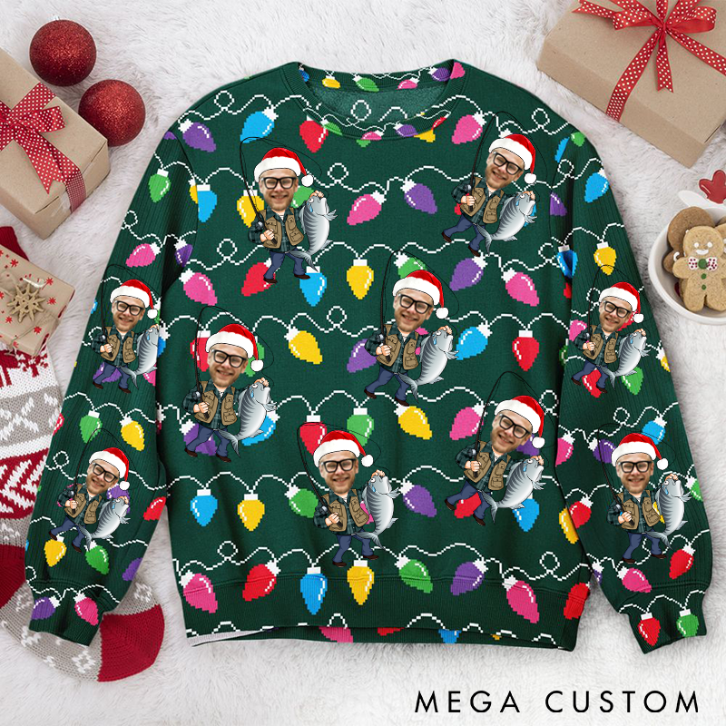 Personalized Fishing Ugly Sweater Custom Face Sweater with Festive Design Ideal Gift for Fishing Enthusiasts
