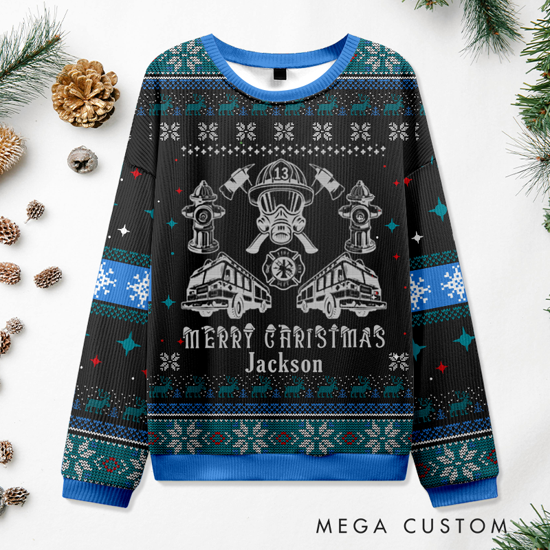 Personalized Firefighter Ugly Christmas Sweater Merry Christmas Sweatshirt Gift for Firefighter