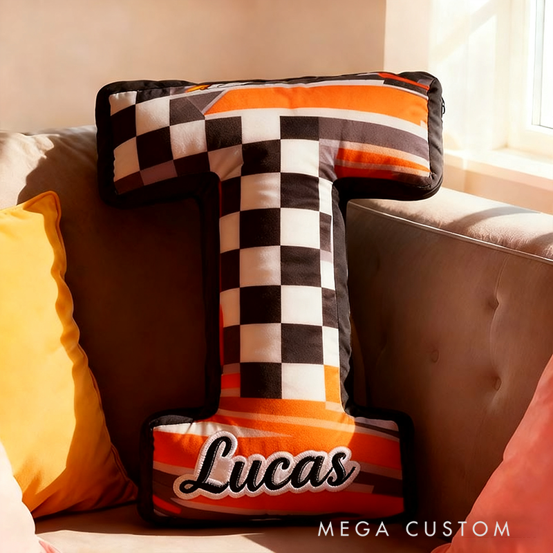 Personalized Racing Letter Pillow Graphic 3D Print Custom Name and Initial Checkered Flag Cushion Gift for Racers and Racing Lovers