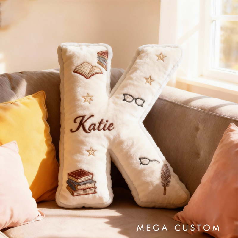 Personalized Book Alphabet Throw Pillow Graphic 3D Print Bookish Book and Glasses Pillow with Name for Kids Book Lover Gifts Birthday Gift