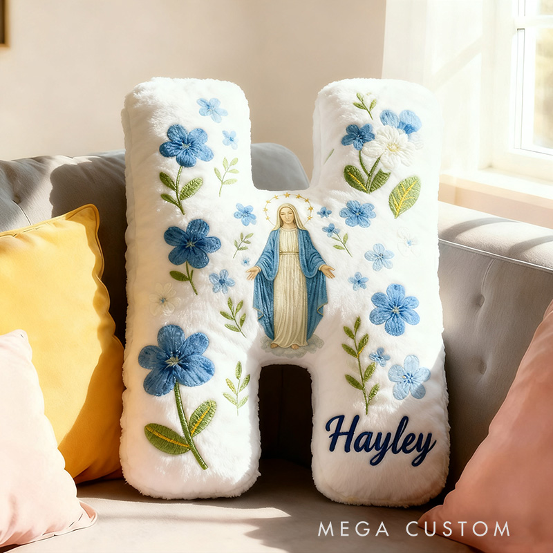 Personalized Catholic Virgin Mary Letter Pillow with Name Home Decor Our Lady Pillow Blue Floral Catholic Marian Pillow Christian Gift for Women