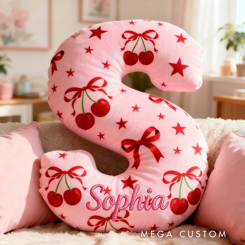 Personalized Cherry Bow Star Custom Name Soft Decorative Gift Sweet Princess Style Cozy Bedroom Dream Pink Lovely Fruit Magic Graphic 3D Print Pillow