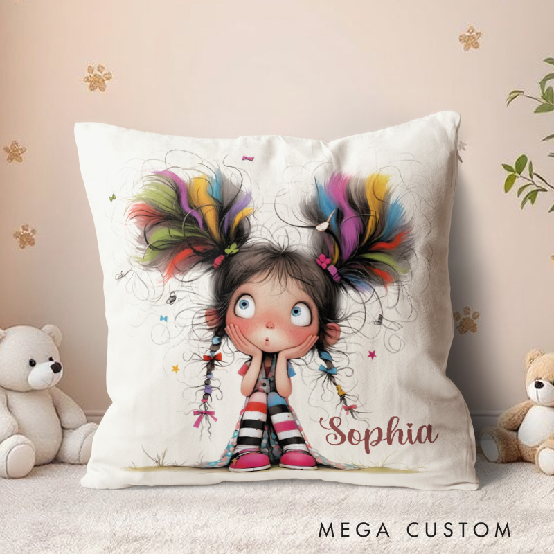Personalized Cute Cartoon Quirky Girl Throw Pillow with Name Home Decor Birthday Gift for Girls